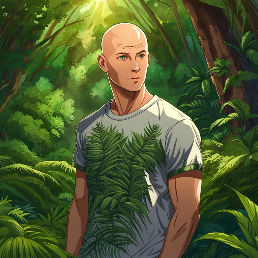 Anime Style Portrait of a Bald Man in Forest