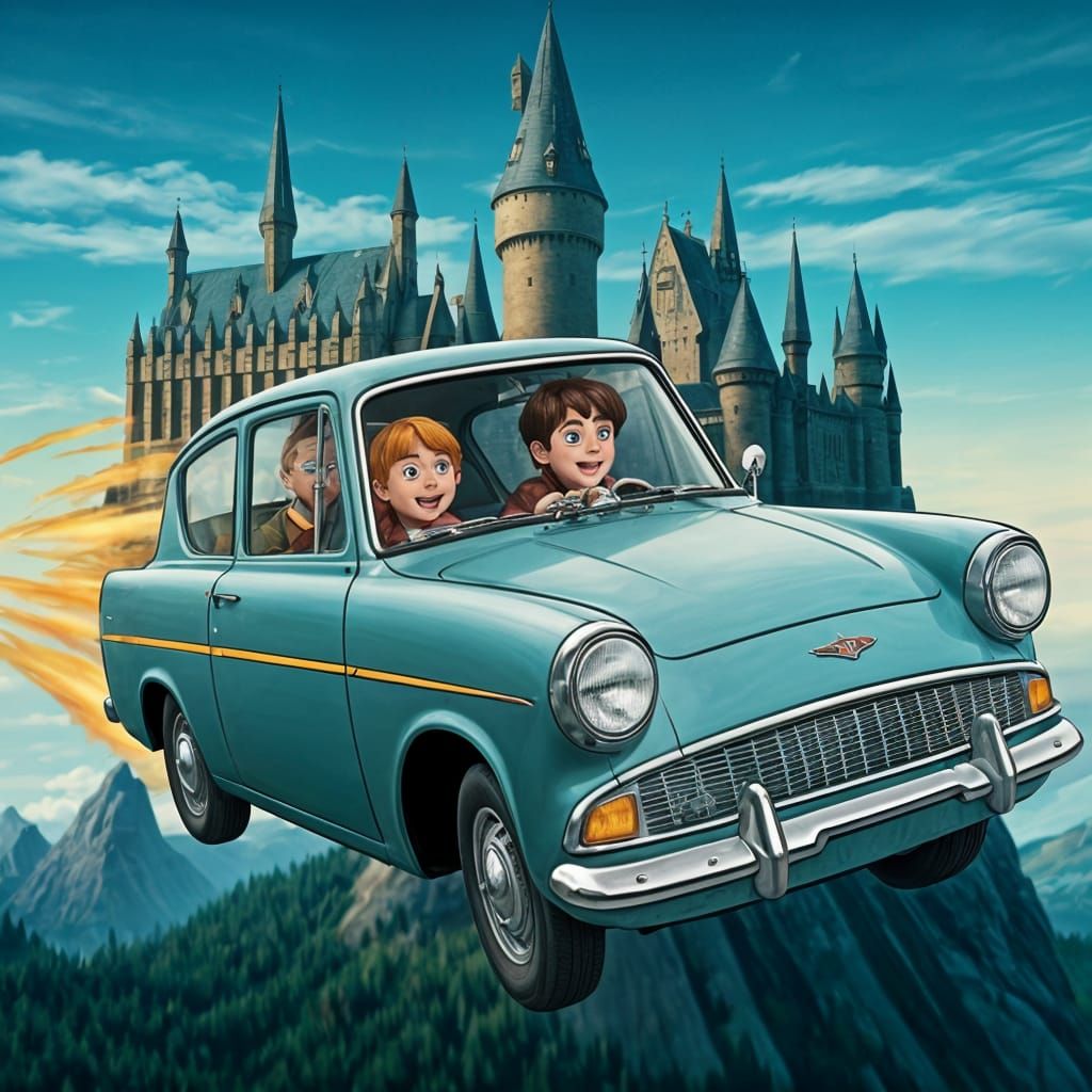 Cartoon Ford Anglia Flying Over Hogwarts