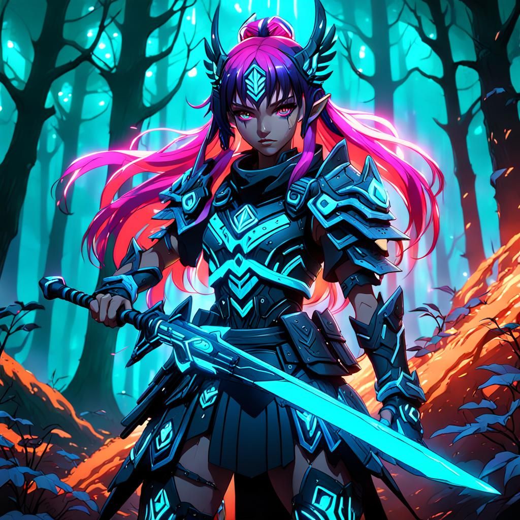 Neon Forest Warrior Anime Girl: Detailed Matte Painting