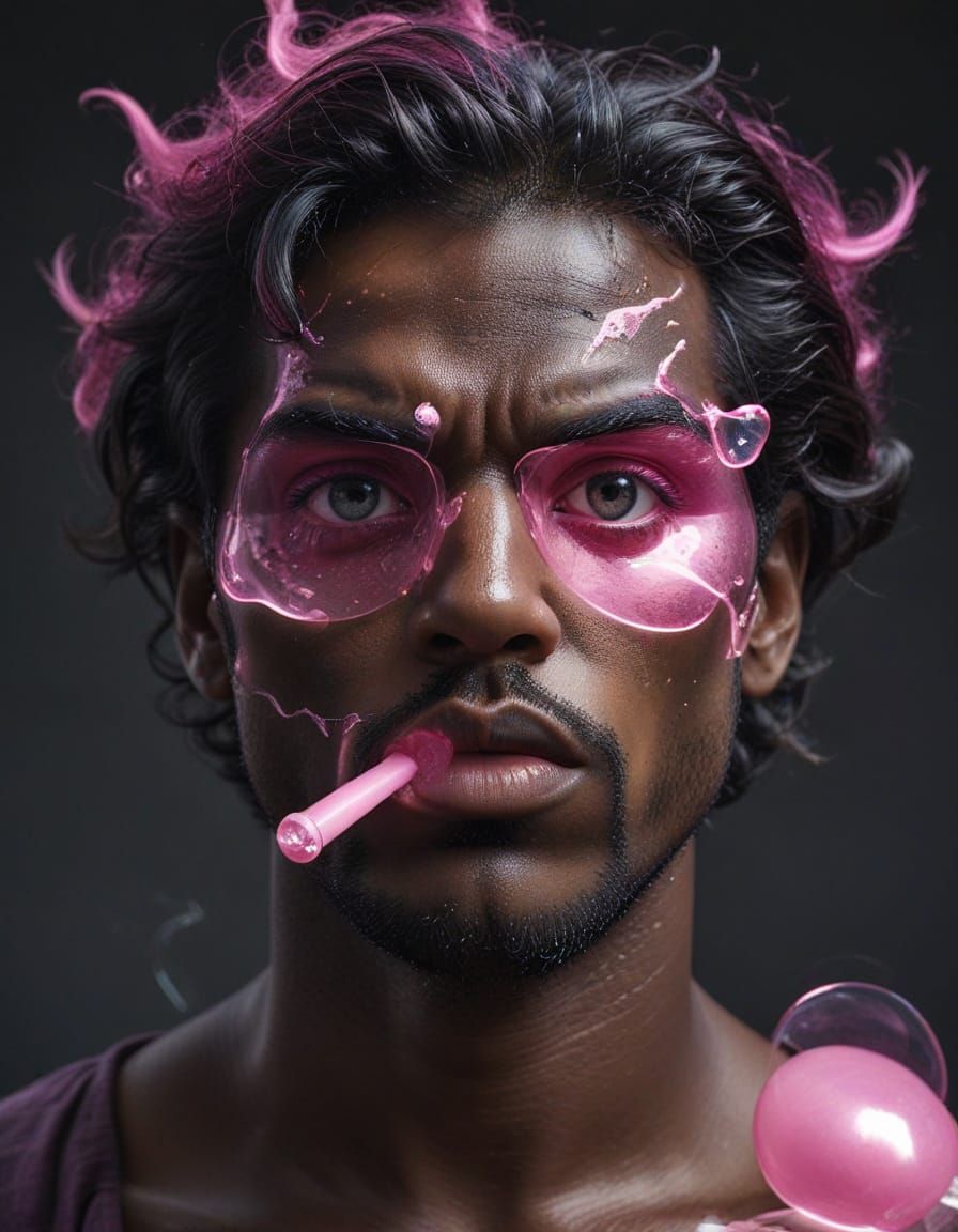 Dark Villain Blows Pink Bubble Gum