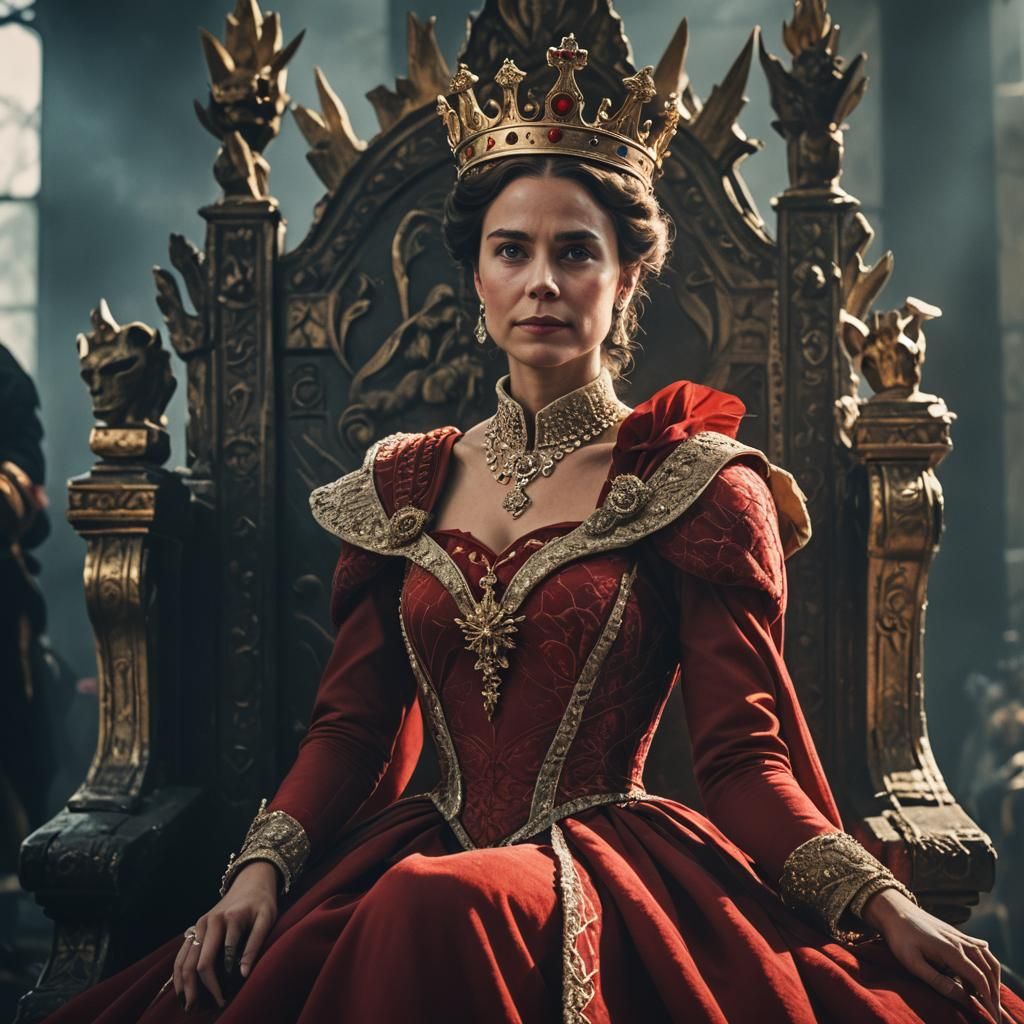 Proud Queen in Red Dress on Throne