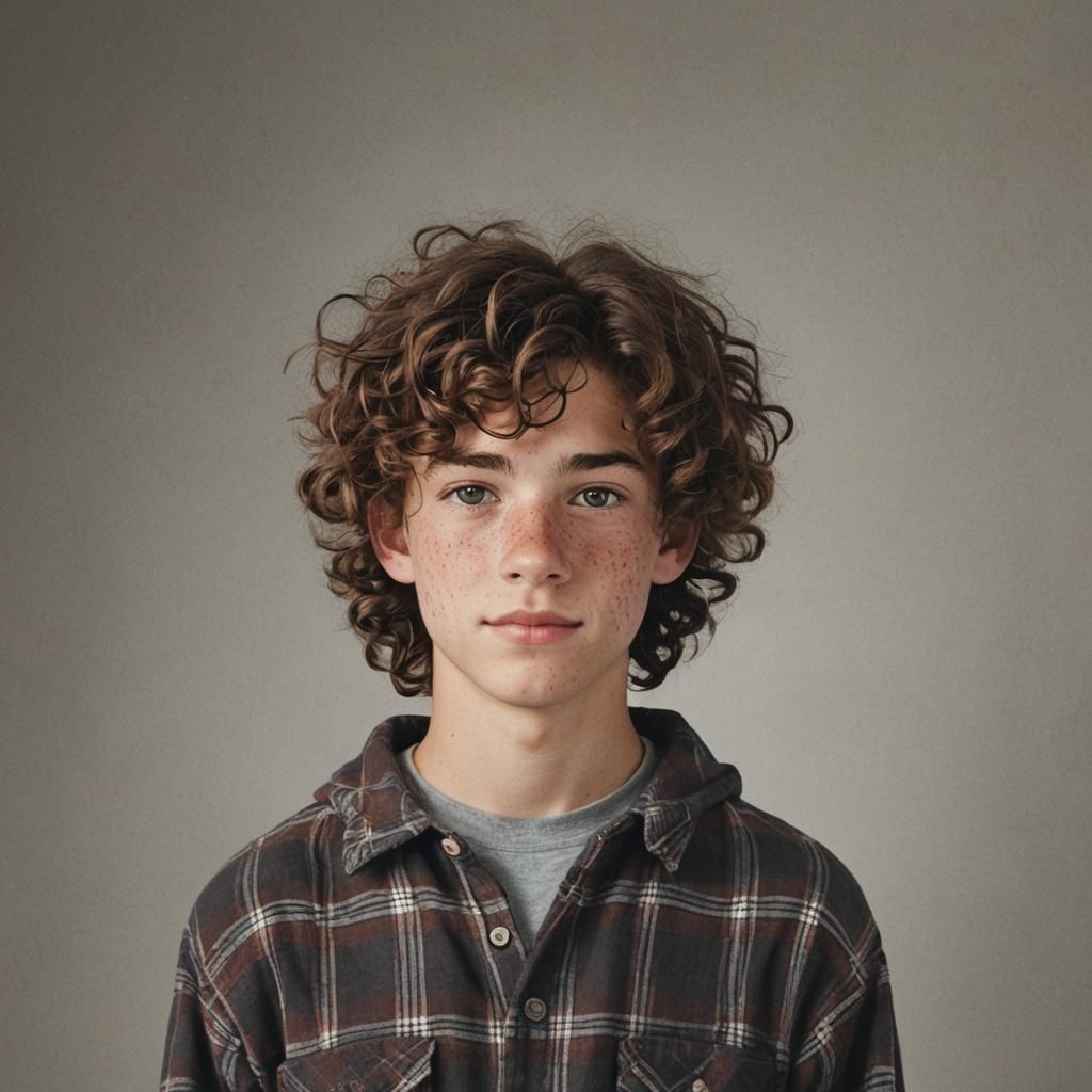 Teenage Boy with Curly Hair and Flannel