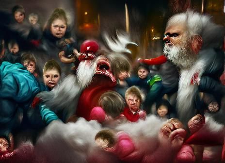 Sinister Children Terrorizing Santa Claus, Dark Fantasy Art