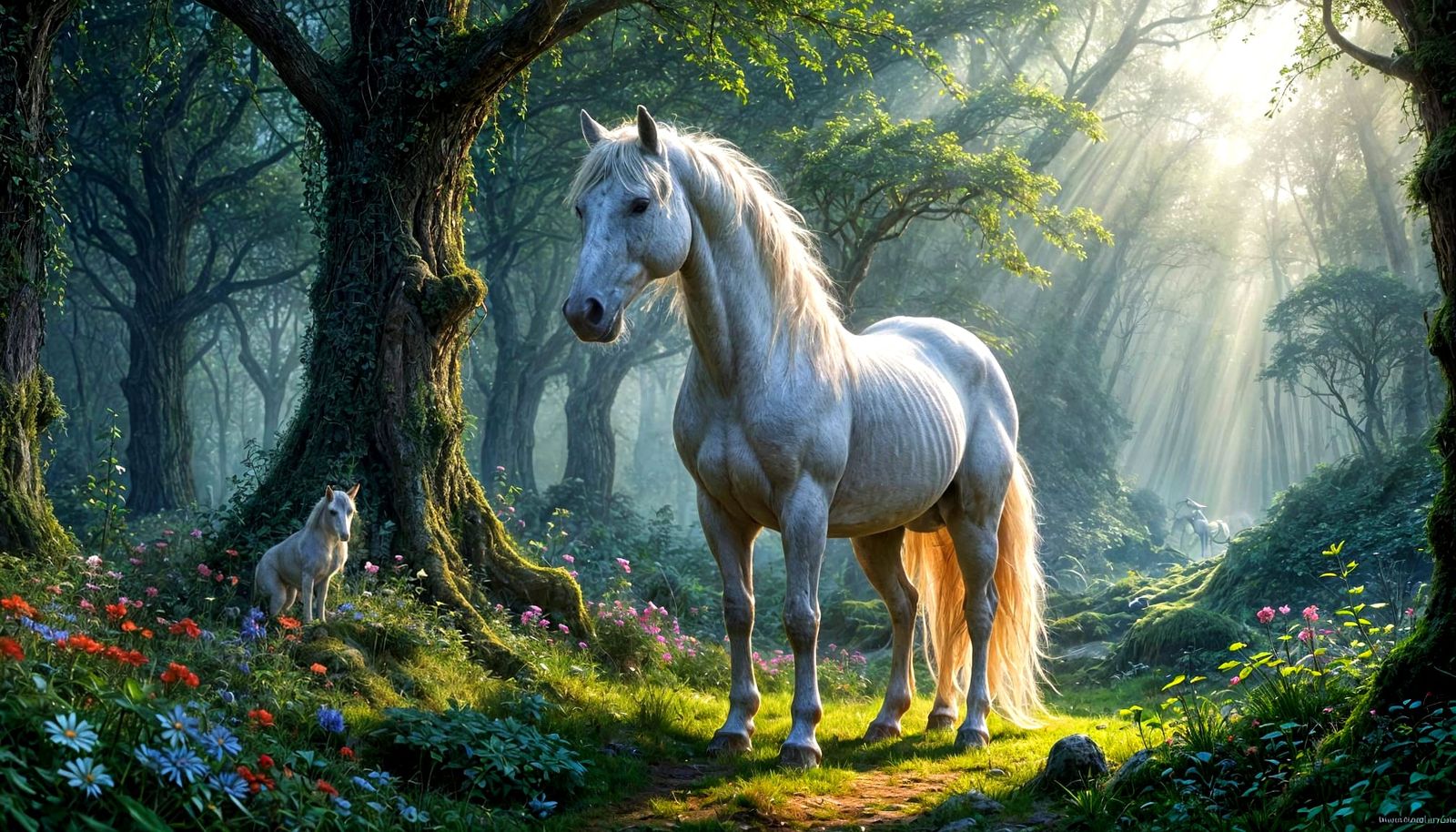 White Horse in Enchanted Forest: Hyperdetailed Fantasy Art