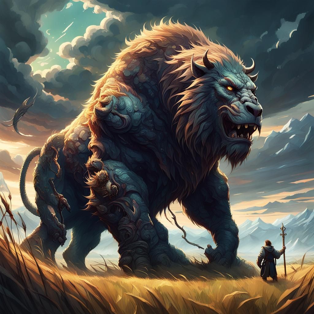 Colossal Beast in Grassland: Hyperrealistic Digital Art
