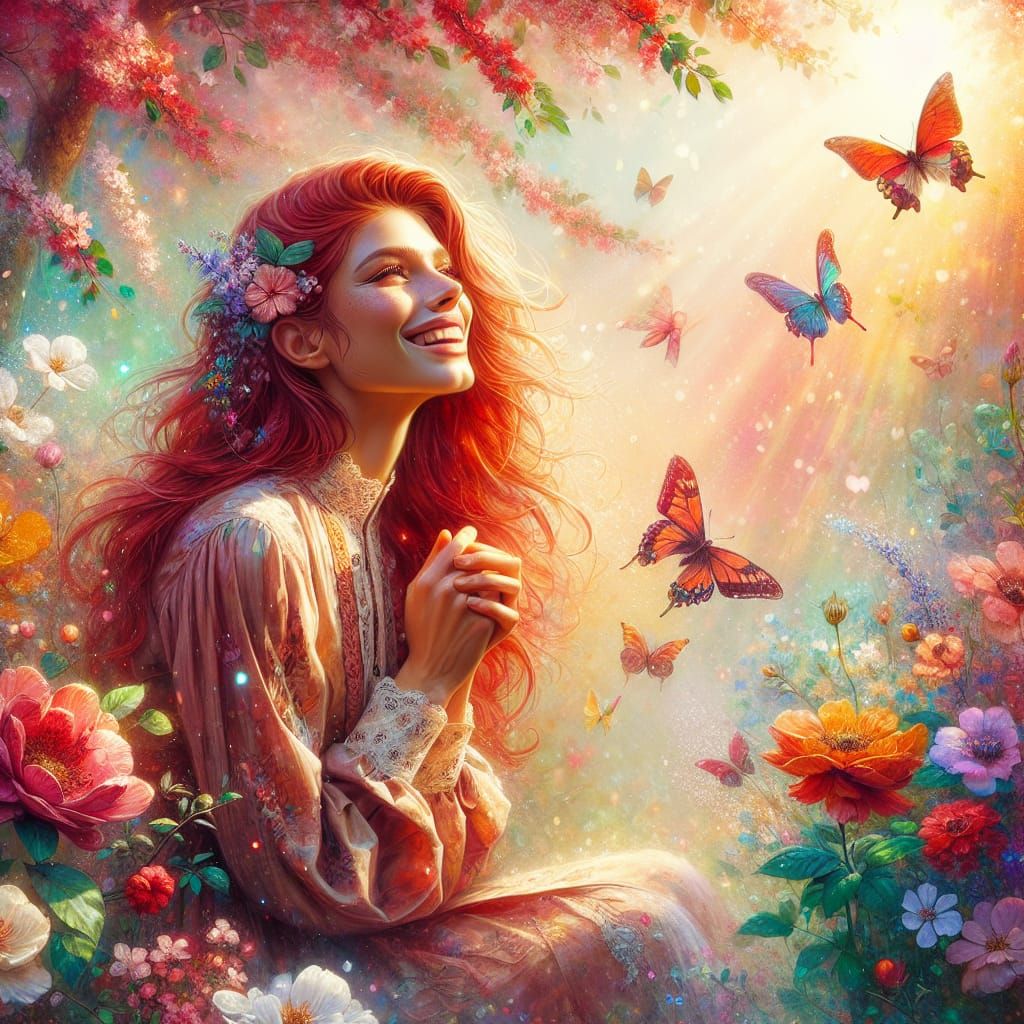 Red-Haired Woman in a Vibrant, Sunlit Garden