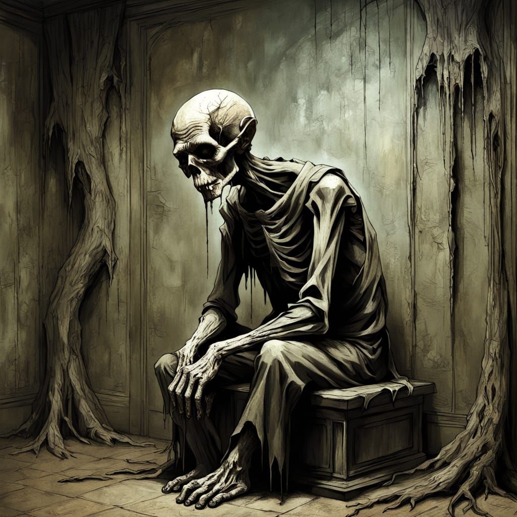 Elderly Figure in Minimalist Room, Digital Painting