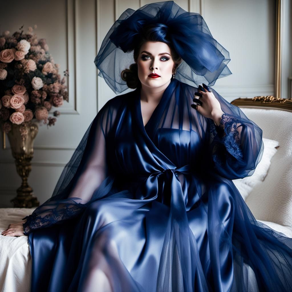 Surreal Woman in Navy Tulle Robe, Moody Black and White Phot...