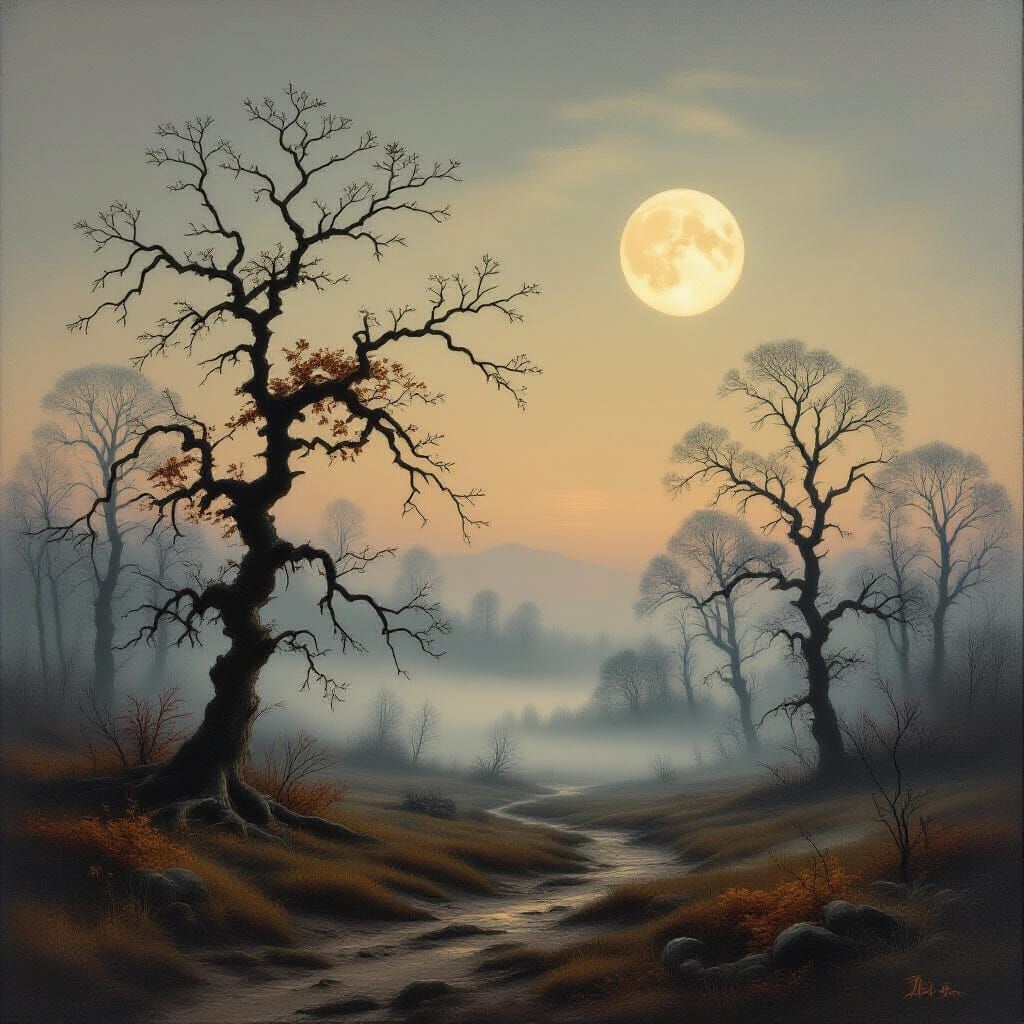 Desolate Autumn Landscape Under Waning Moon