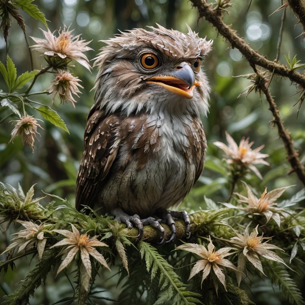Frogmouth Bird in Prehistoric Jungle: Macro Photo
