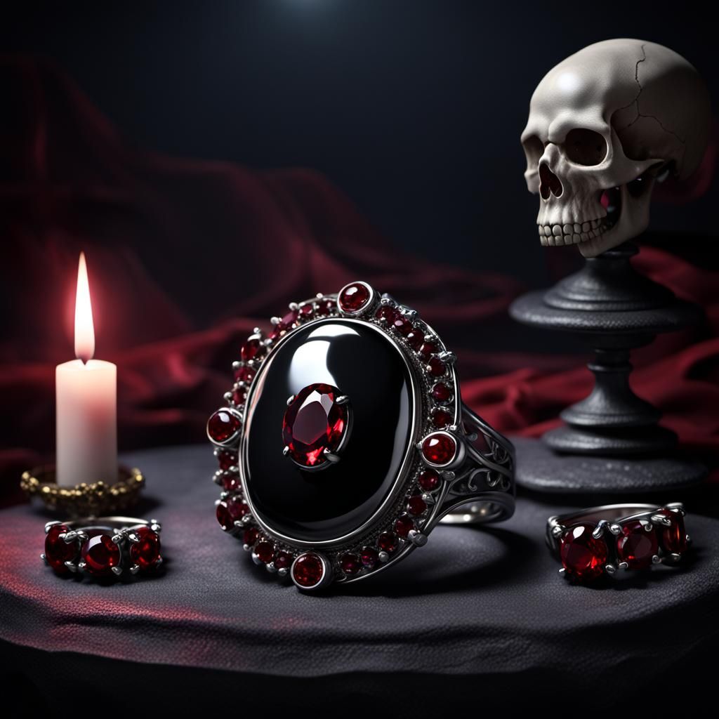 Obsidian Ring with Garnet and Moonstone in Dark Fantasy