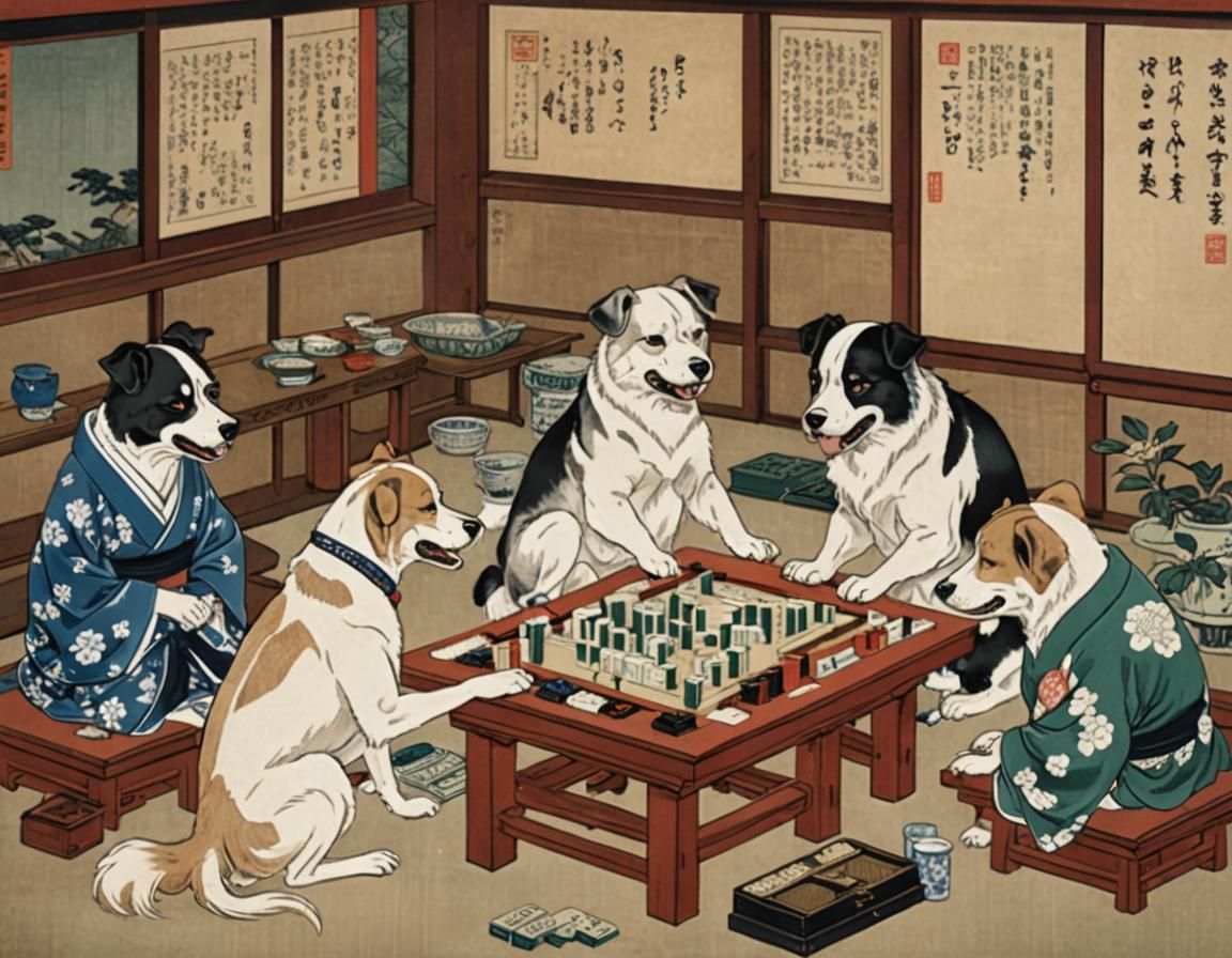 Ukiyo-e painting of dogs playing mahjong, intricate detail