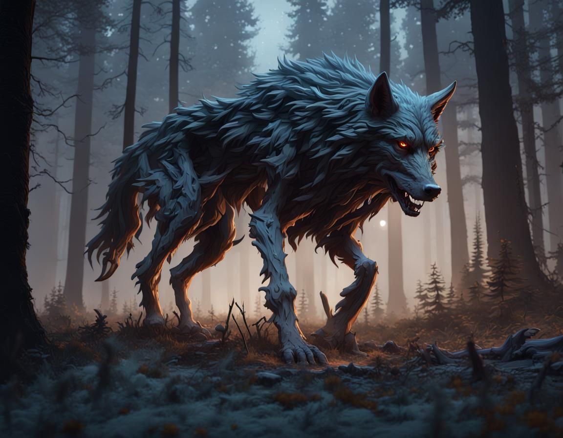Undead Wolf in Forest, Dark Fantasy Art