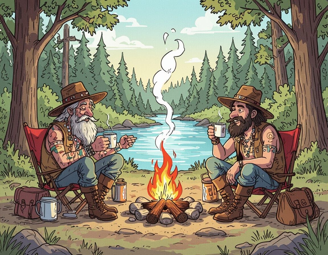 Outlaw Campfire Stories in Caricature Style