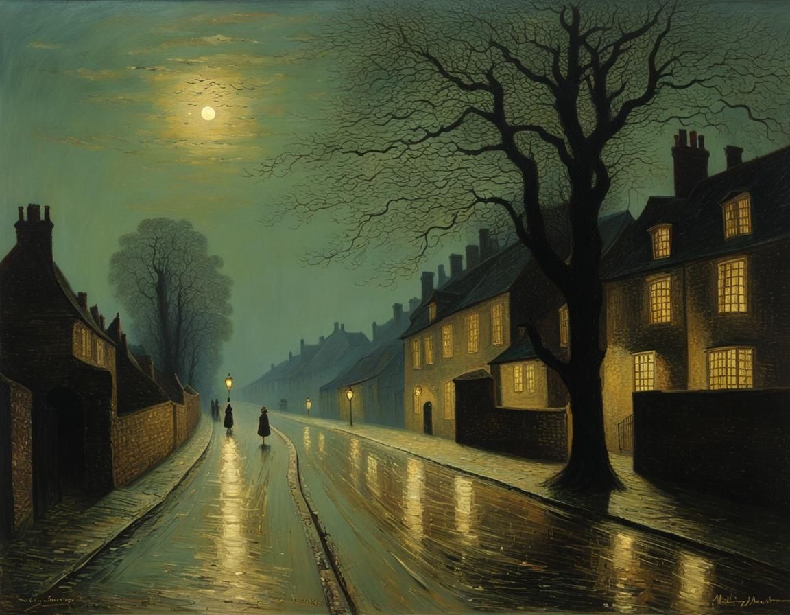 Moonlit Evening Roadway in Grimshaw Style