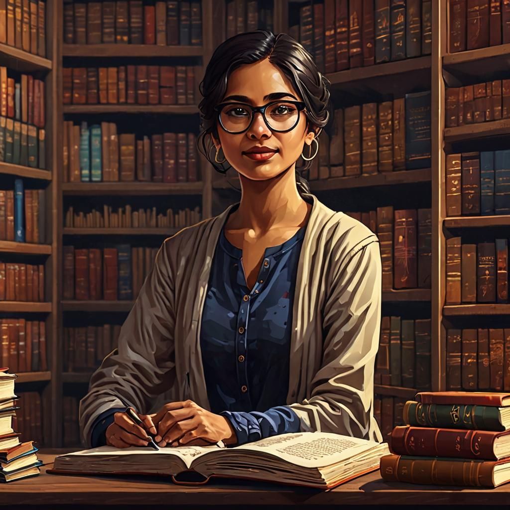 Beautiful Indian librarian with glasses pixel art
