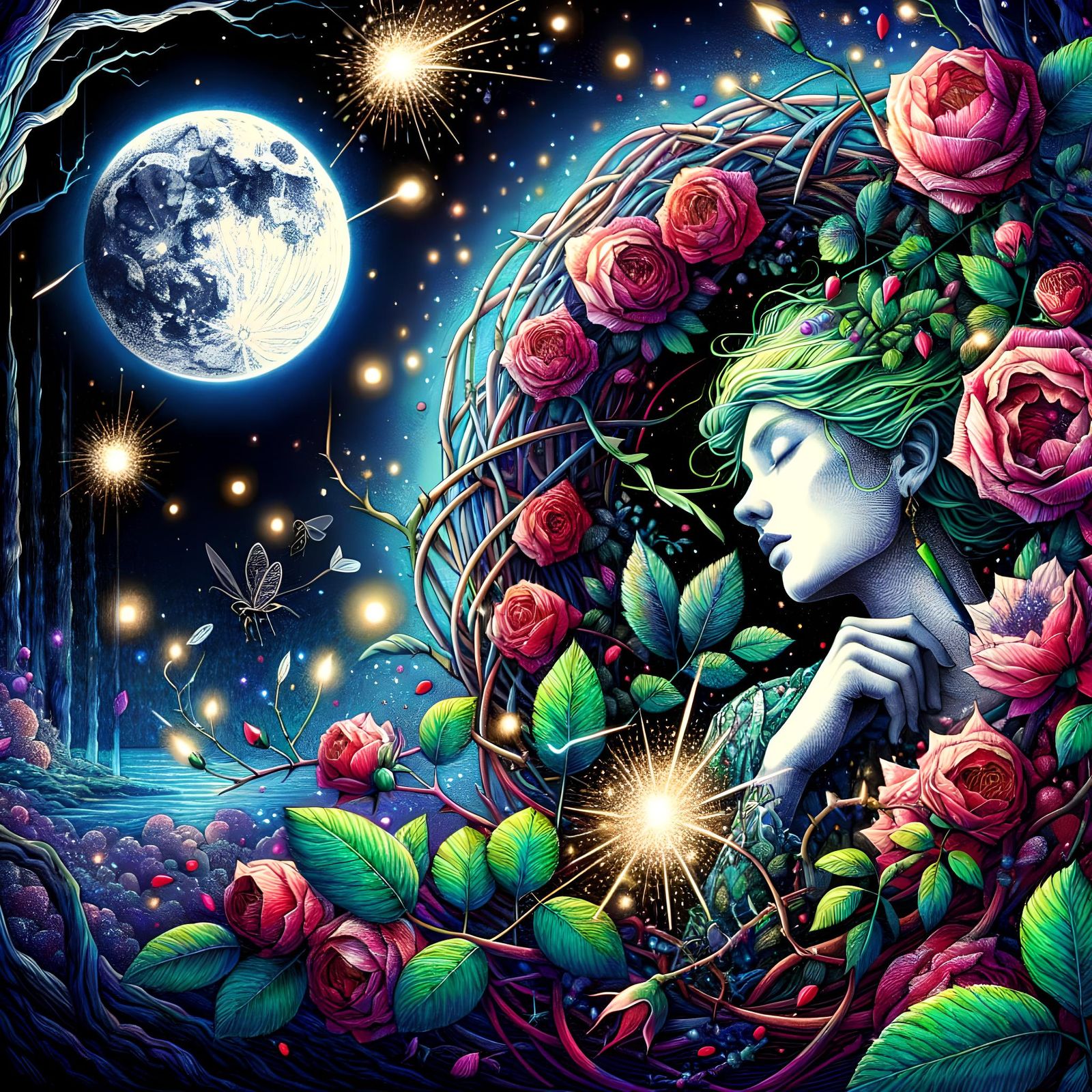 Sleeping Princess in Rose Brambles: Fine Line Art