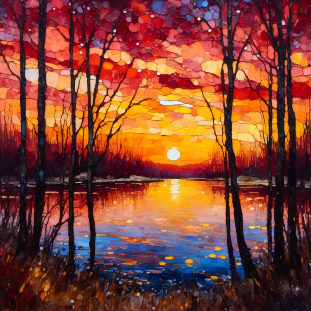 Colorful Snowy Sunset: Painterly Textures and Stained Glass