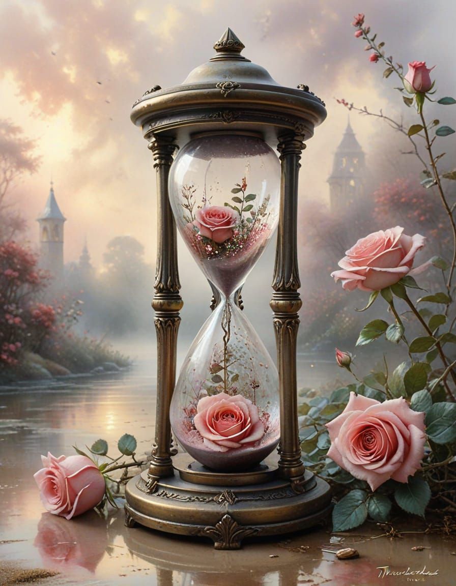 Antique Hourglass with Pale Red Roses in Soft Watercolour