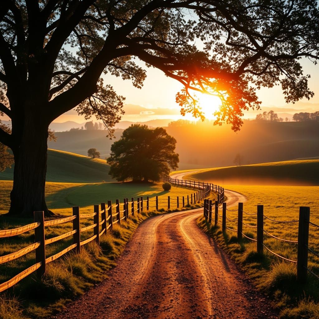 Golden Sunrise over Rolling Hills Countryside