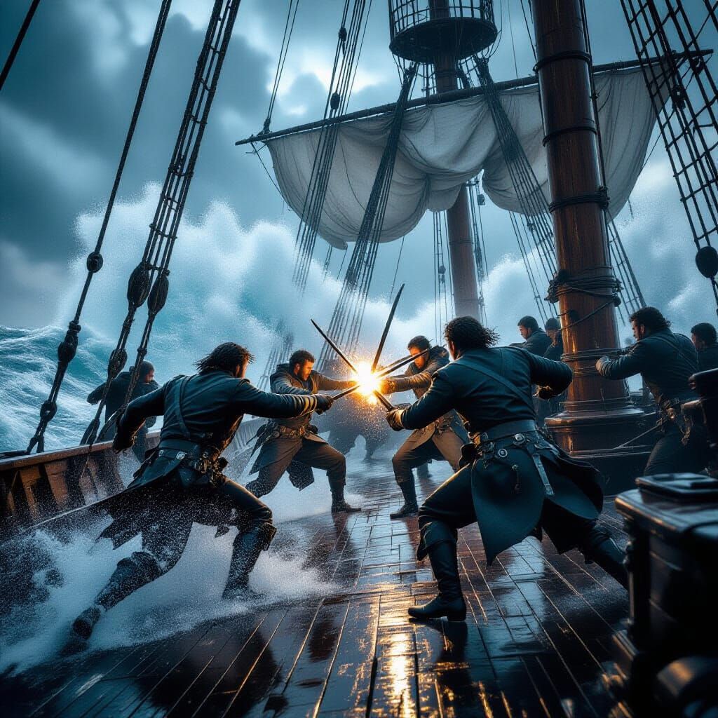 Stormy Ship Battle: Sailors Fight in Epic Sea Duel