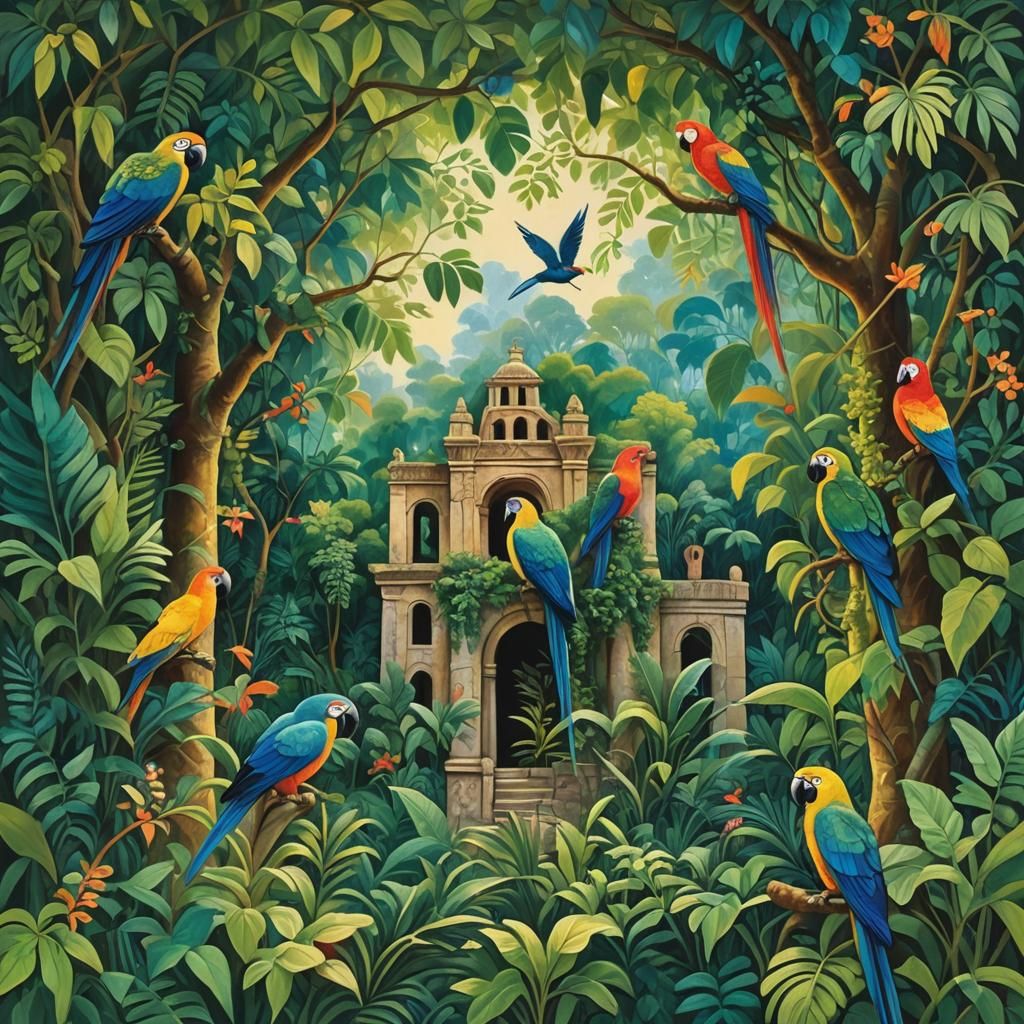 Jungle Temple Overgrown: An Abstract Art Scene