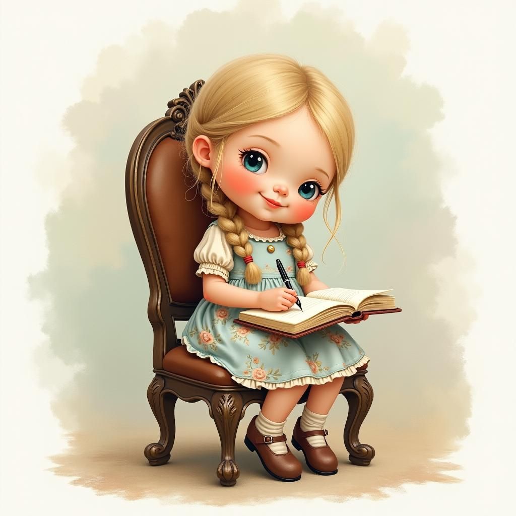 Girl Writing in Notebook, Soft Pastel Illustration