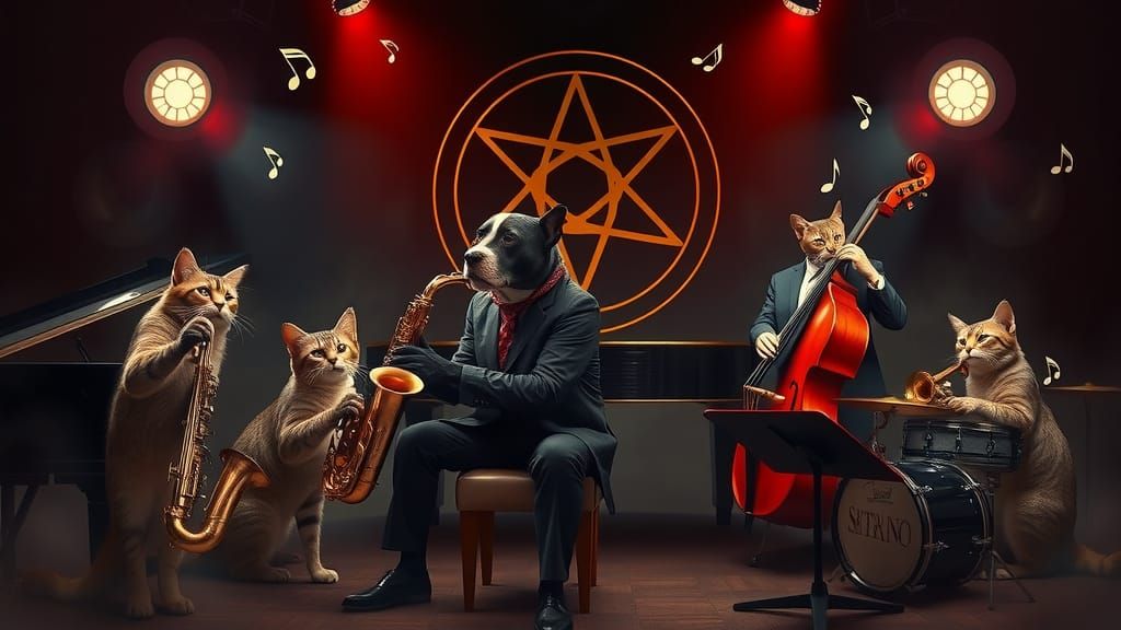 Cats Jazz Band with Dog Pianist in Mystical Venue