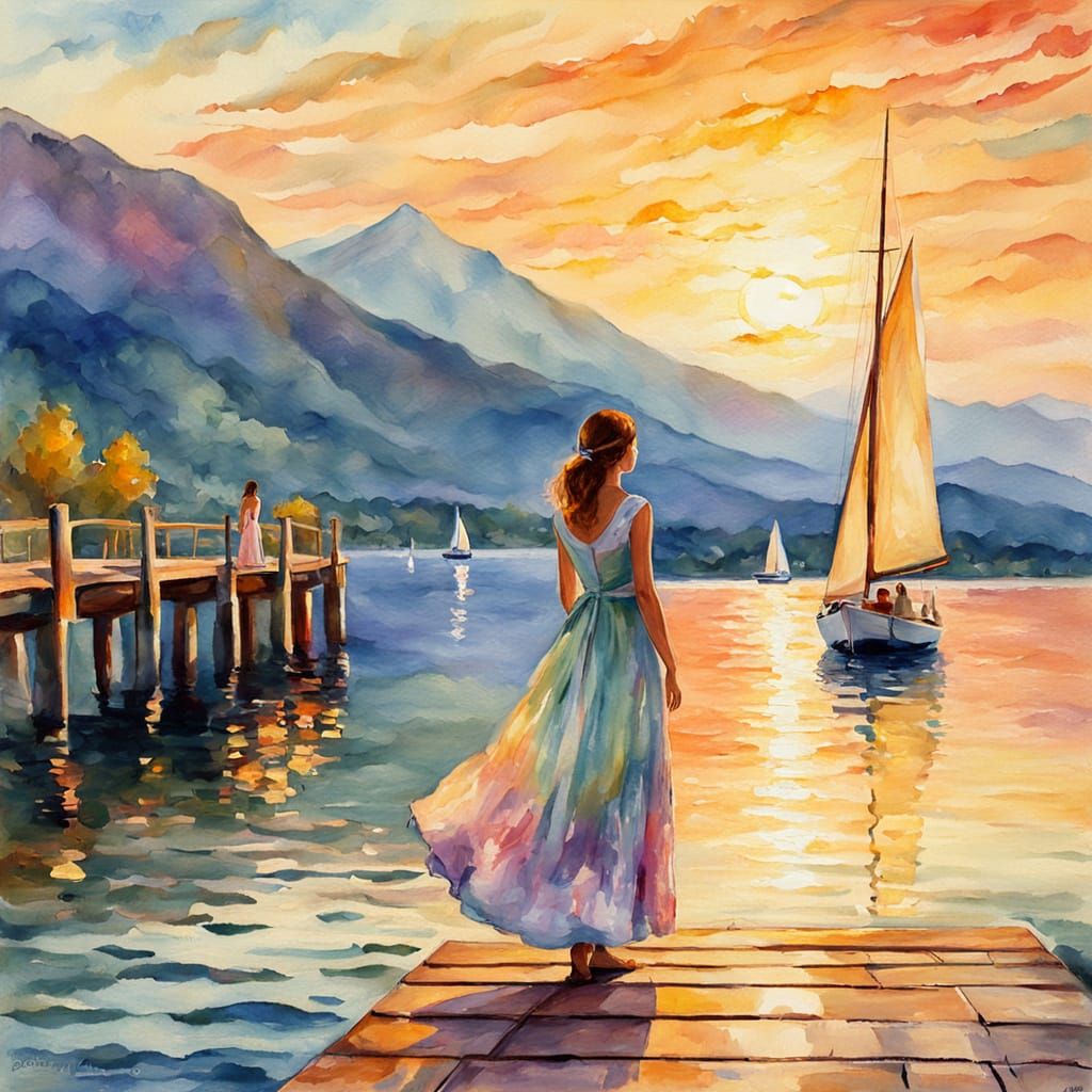 Girl Watching Sailboat: Impressionist Watercolor Painting
