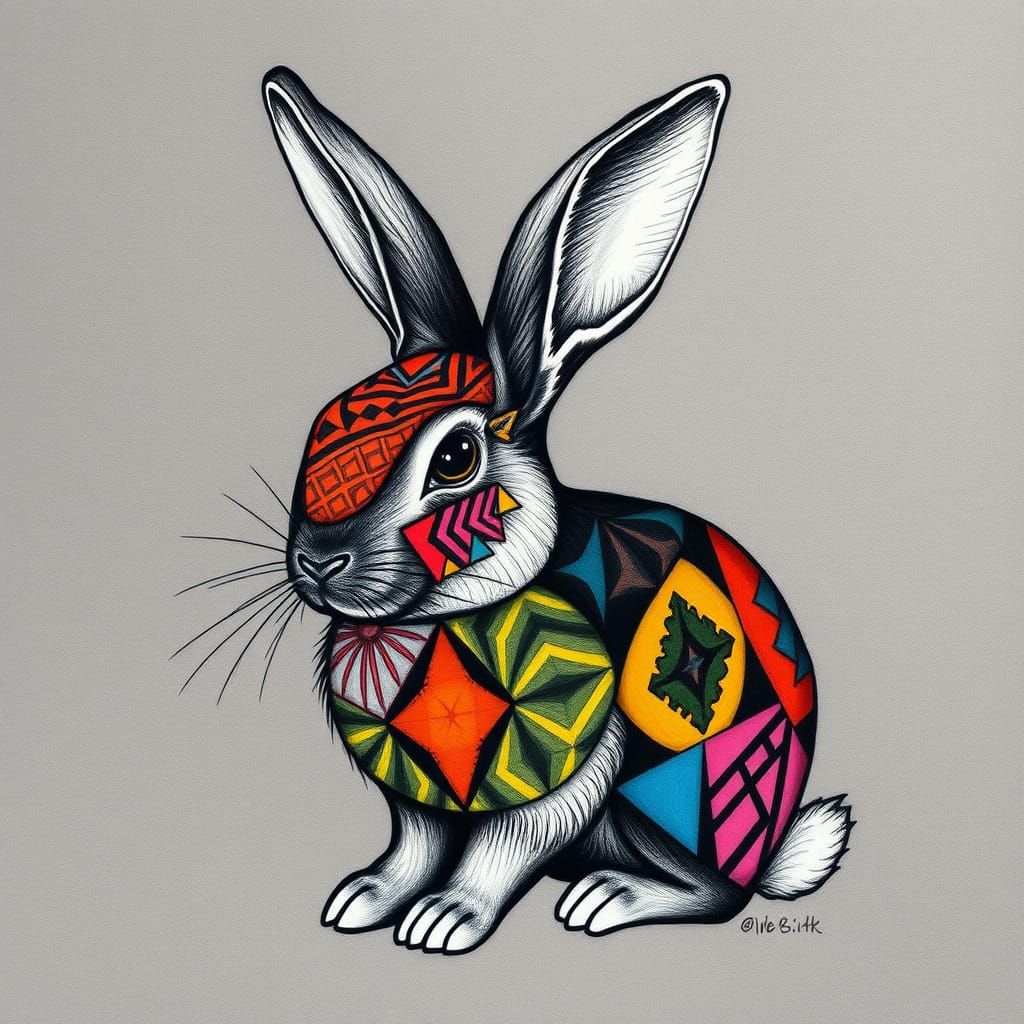Stylized Rabbit Portrait with Bold Geometric Patterns