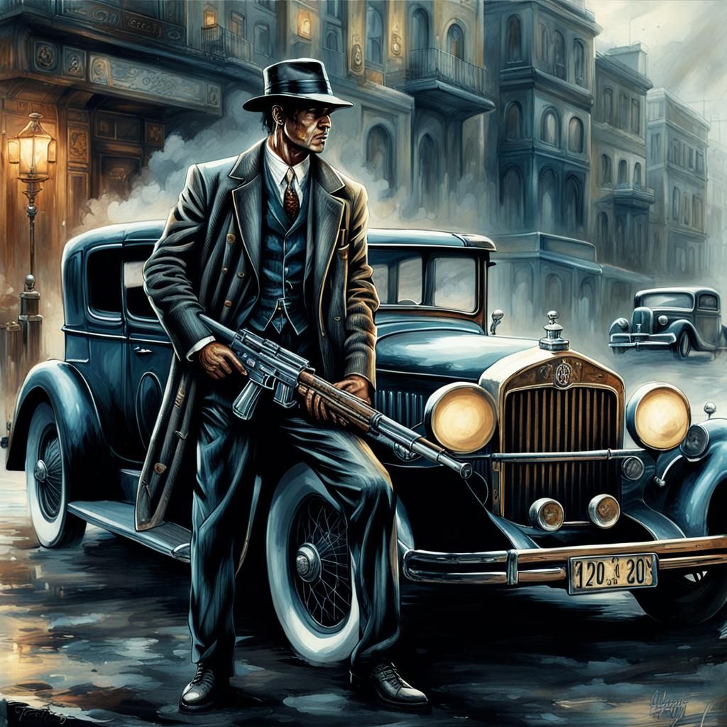 1920s Gangster with Tommy Gun, Detailed Matte Painting