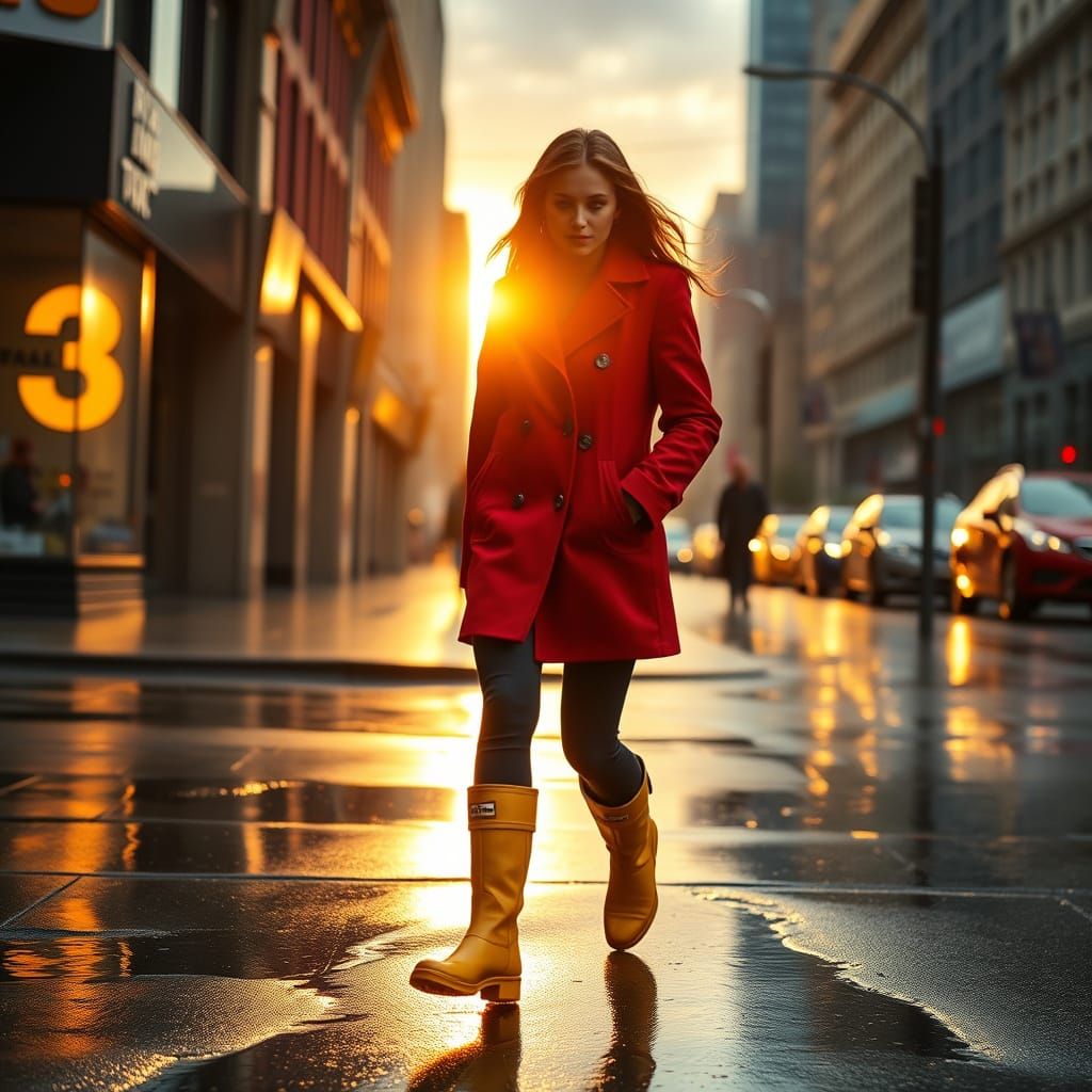 Jean Grey in Red Coat on Rainy City Street