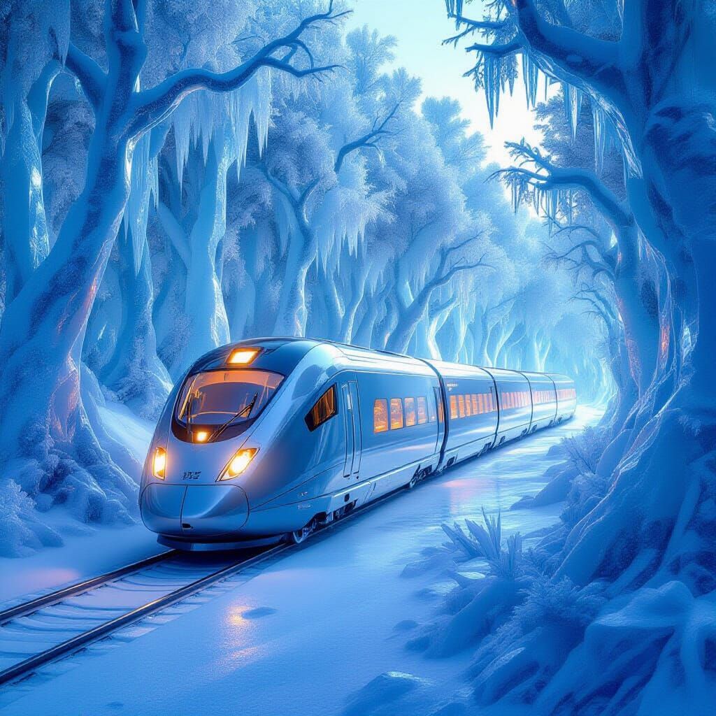 Futuristic Silver Serpent Train in Crystalline Ice Forest