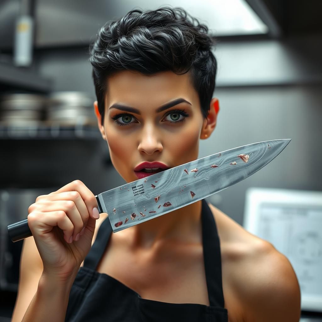 Intense Woman with Cleaver in Workshop
