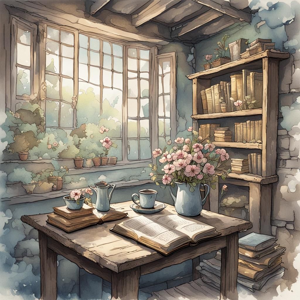 Shabby Chic Interior with Book in Pastel Watercolor