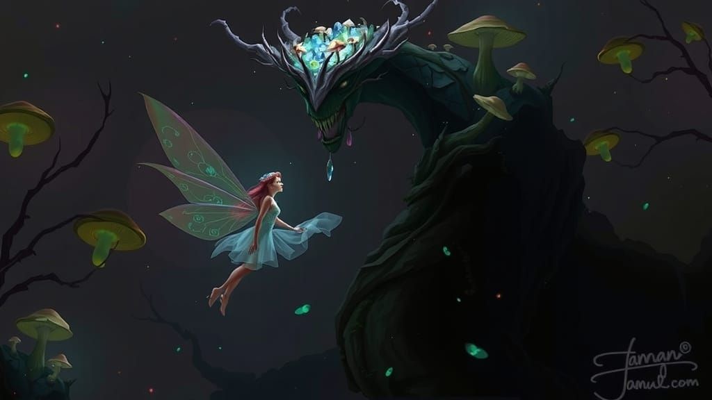 Enchanted Fairy in Ethereal Forest Scene, Digital Painting
