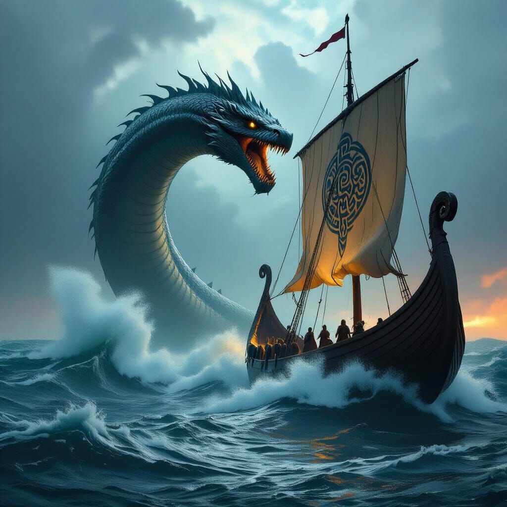 Epic Sea Serpent Emerges Before Viking Ship