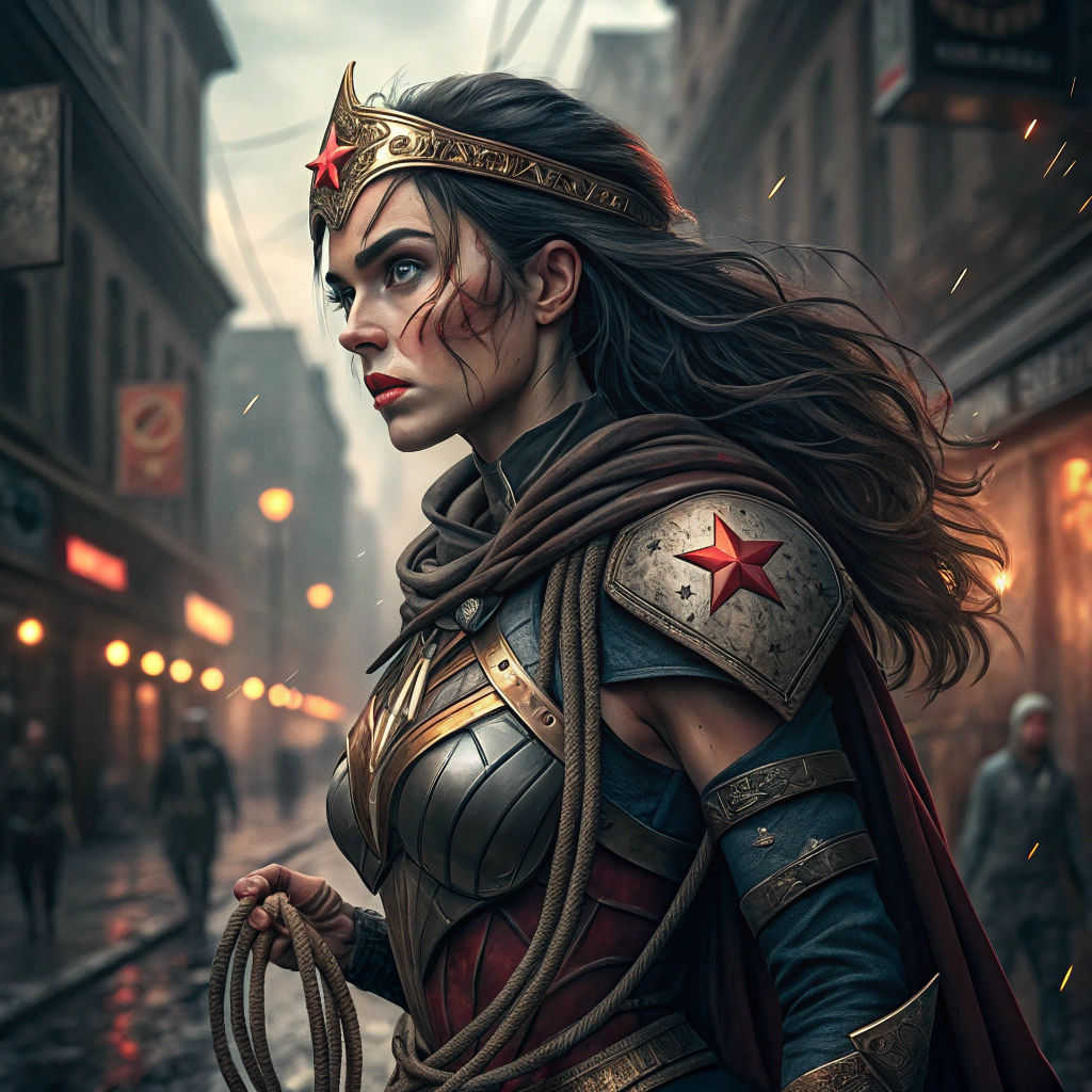 Cyberpunk Wonder Woman in Gritty Berlin Scene