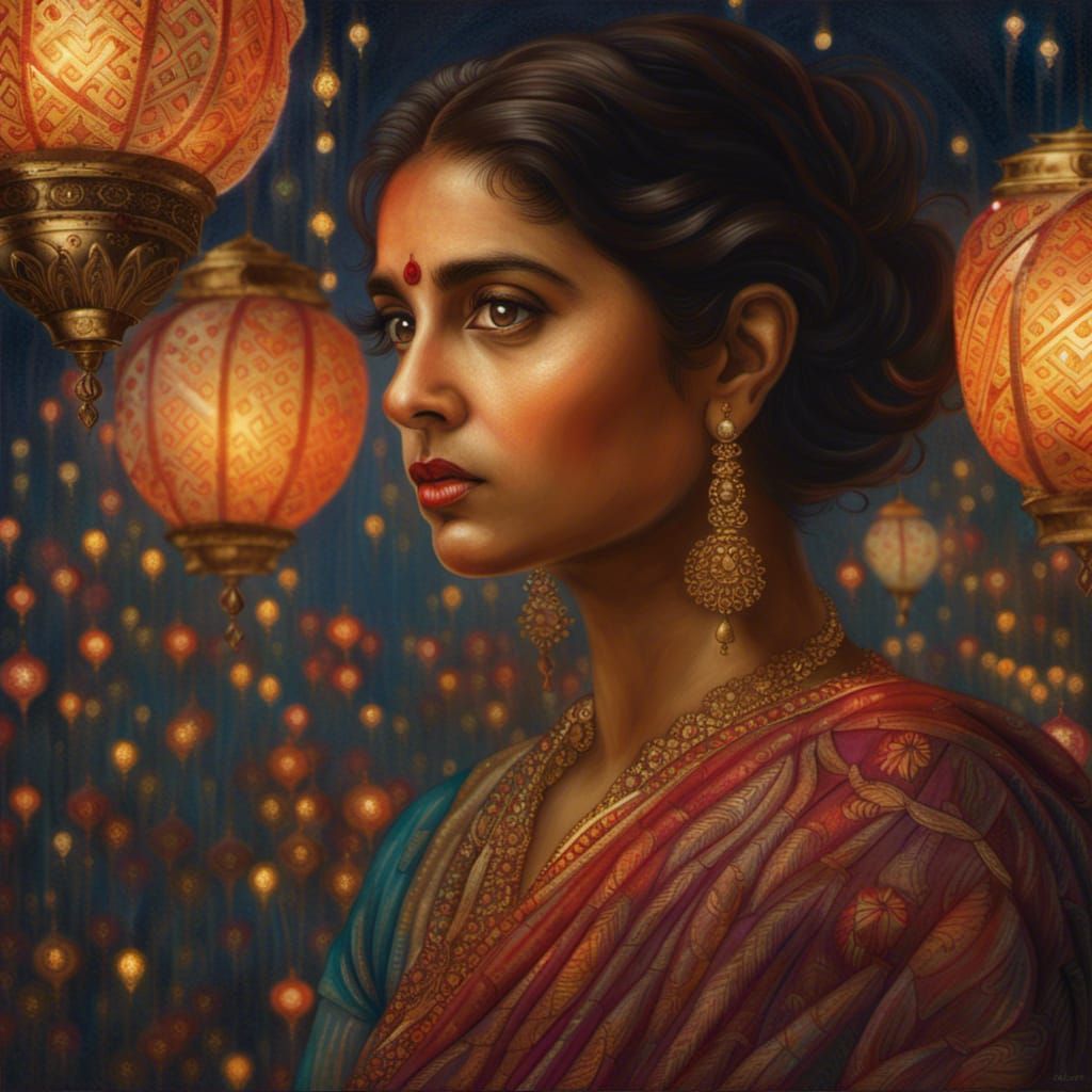 16k resolution, an Indian woman in a zari-embroidered saree,...