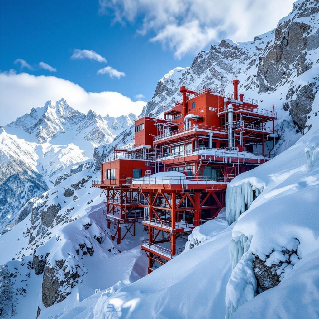 Red-Orange Industrial Facility on Snowy Mountain Cliff