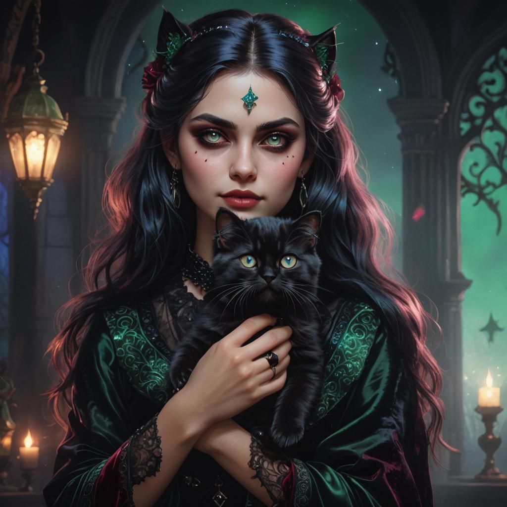 Gothic Lady with Kitten in Dark Fantasy Style