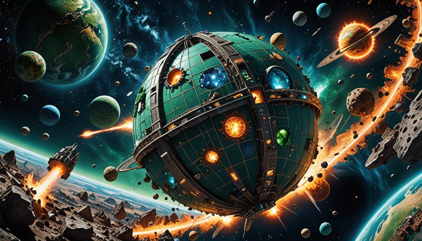 Globe Starship Near Planet in Alcohol Ink Style