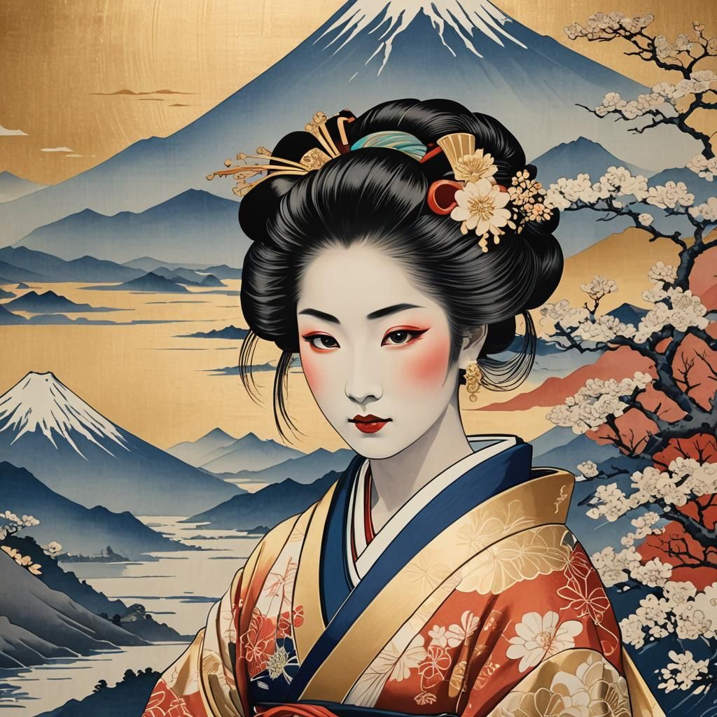 Geisha Portrait in Ukiyo-e Style with Mount Fuji