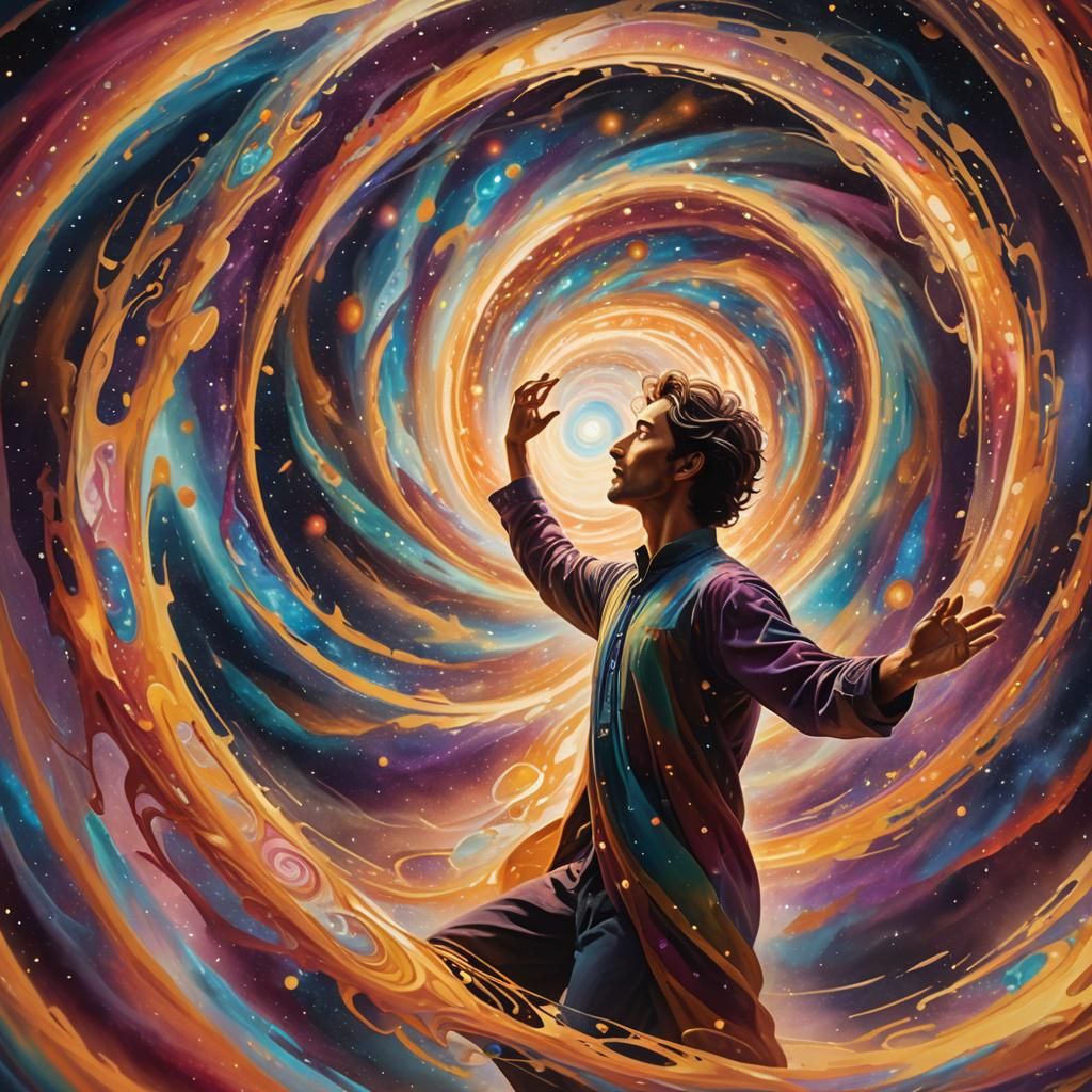 Surreal Figure Disappearing into Cosmic Vortex