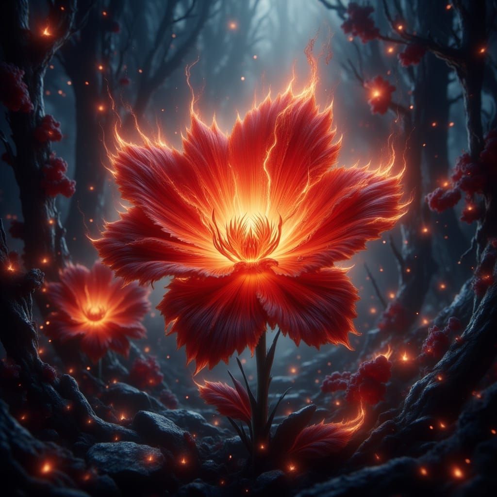 Glowing Crimson Flower in Enchanted Forest Glade