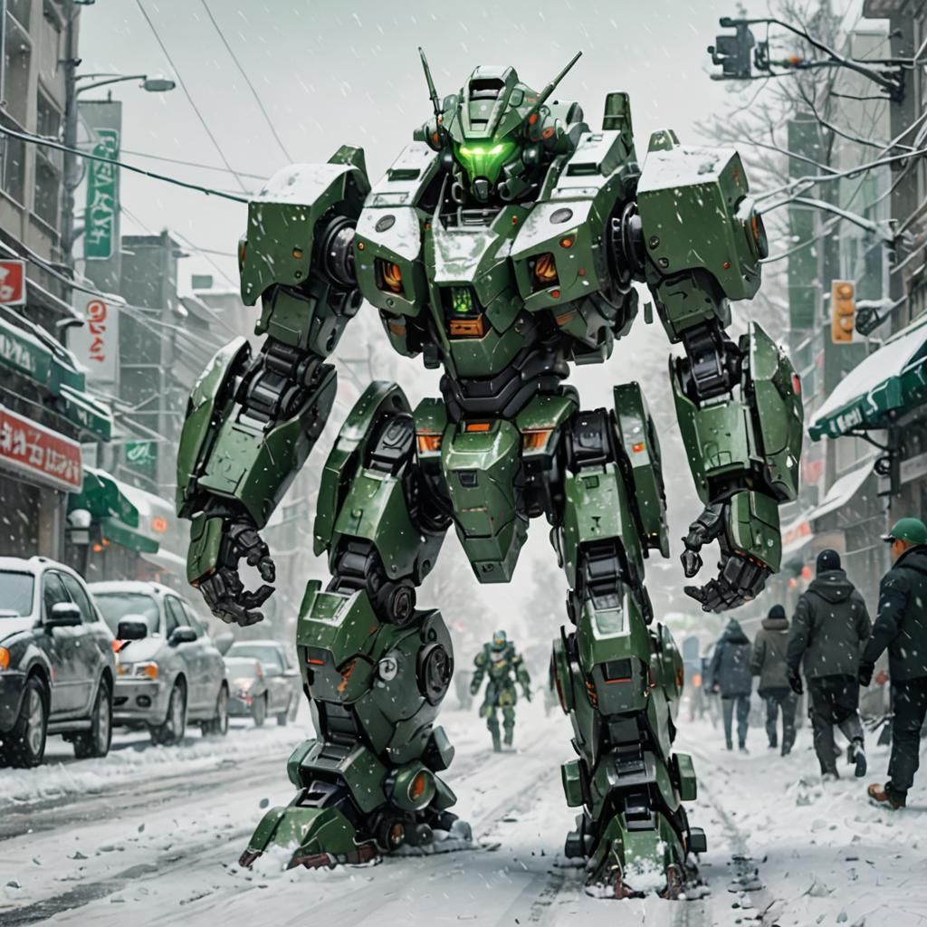 Armored Mecha Robot Marches on Snowy Day