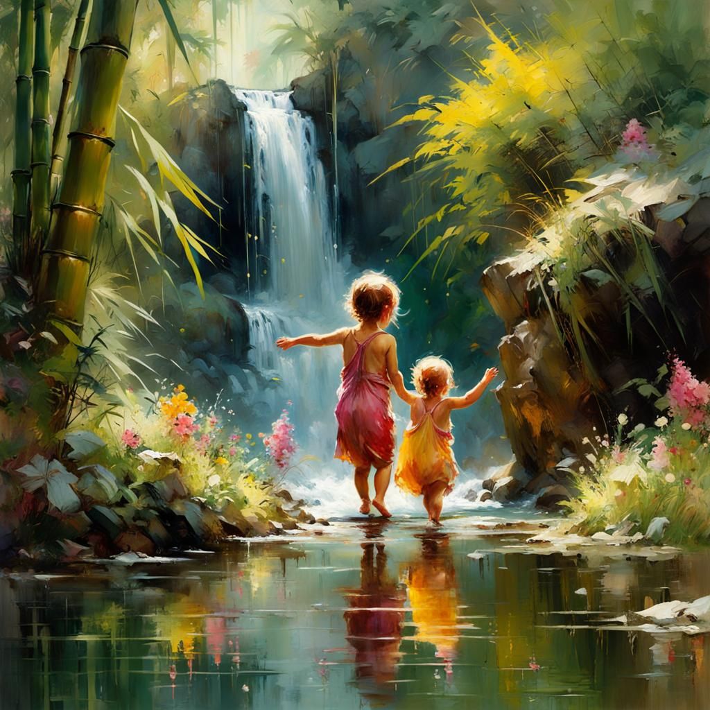 Toddlers Play by Waterfall: Matte Painting