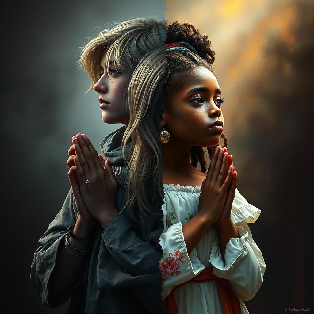 Children Praying Together: Hyperdetailed Concept Art