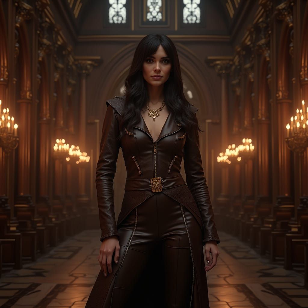 Elegant TV Hostess in Dark Brown Leather, Gothic Grandeur, a...