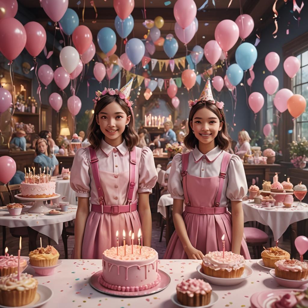 Preppy Girls Celebrate at Birthday Party in Digital Art